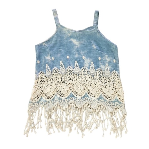 Womens Blue Boho Chambray Tank Top Large Crochet Lace Fringe Festival Coastal - Picture 3 of 10